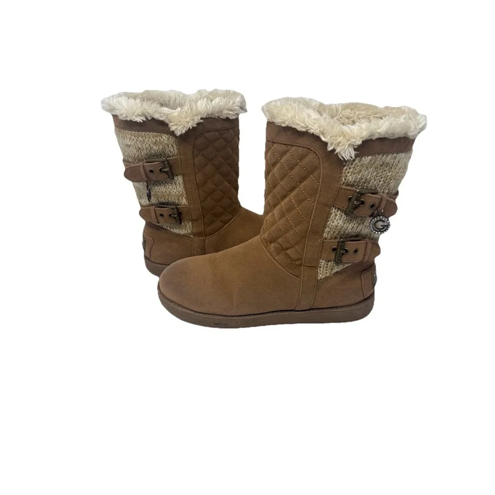 🔥Guess‎ 🤎Quilted Knit Fur Y2k Cuff Mid-Calf Bling 💎Boots Buckle  'G' Charm -8